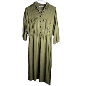 Pull &Bear Safari Shirt Dress Womens L Green Long Sleeve V-Neck